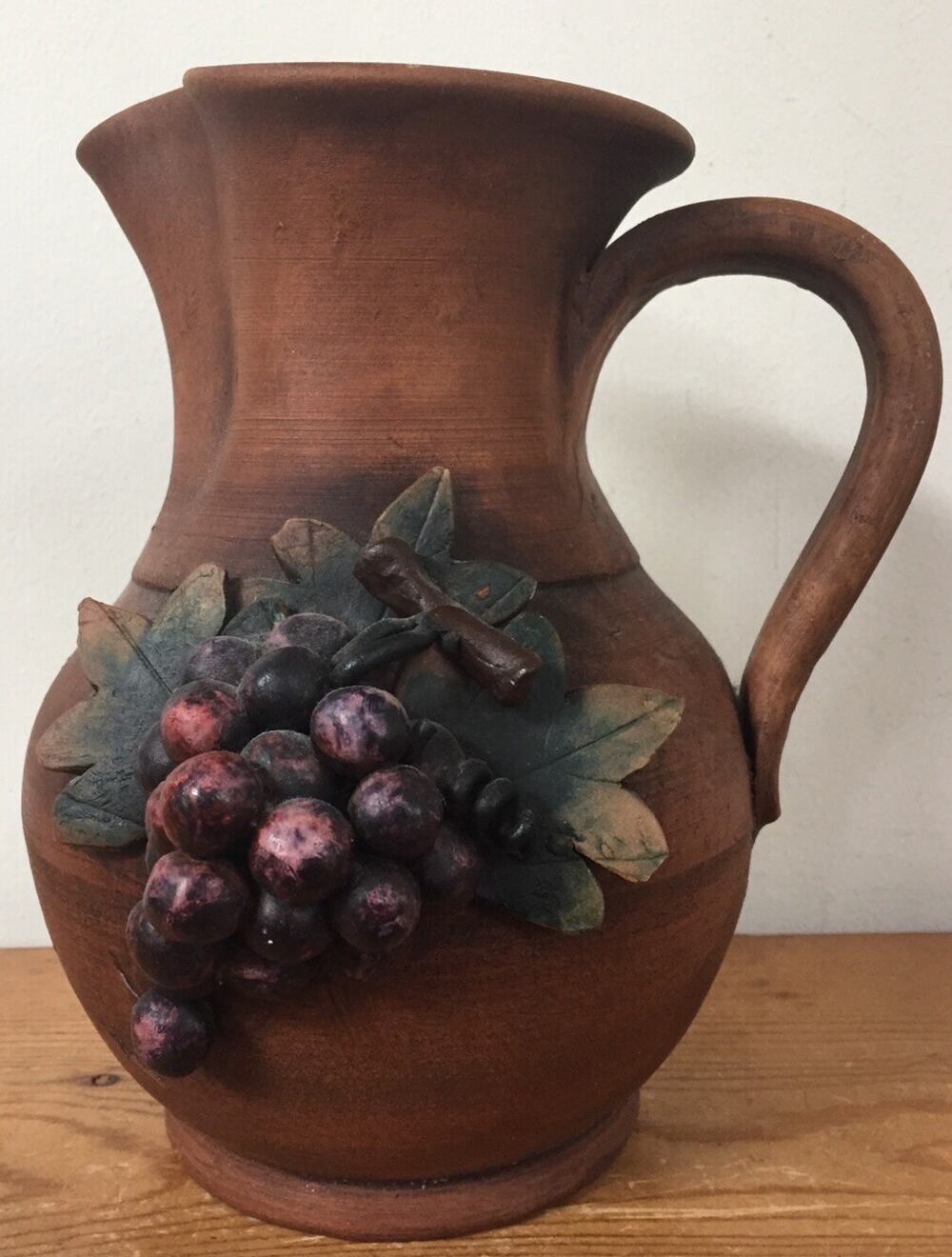 Vintage Italian M Giuliano Handmade Wine Grapes Earthenware Ceramic Pitcher 8.5"